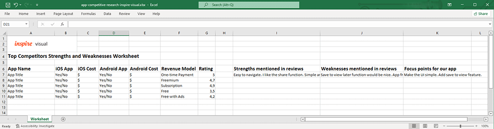 Competitive App Research Excel Template Worksheet