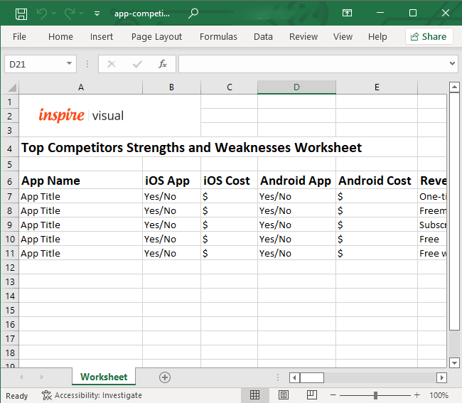 Competitive App Research Excel Template Worksheet