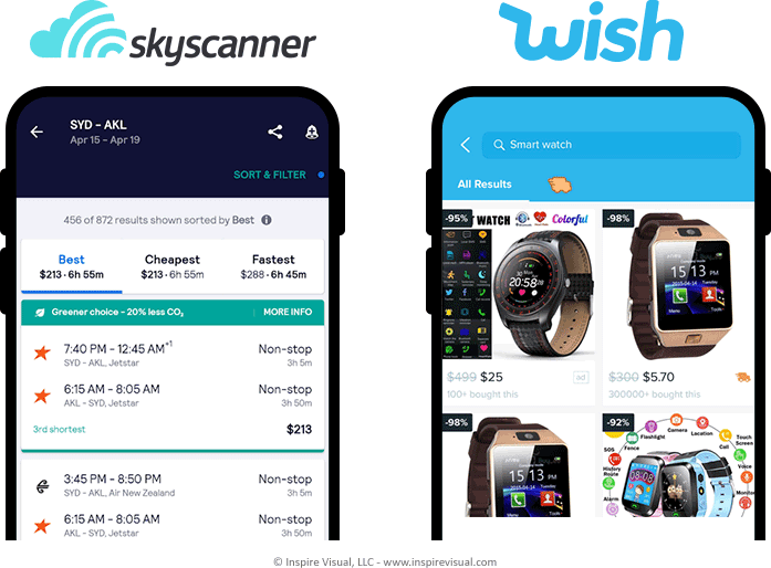 Skyscanner offer an instant app for booking plane tickets through their metasearch engine. Wish provides shopping.