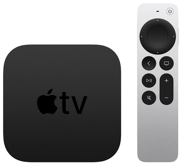 Apple TV box with remote.